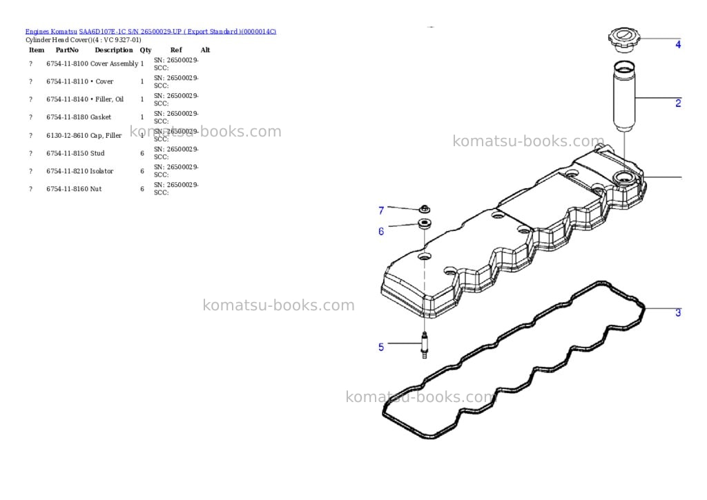Komatsu saa6d107e-1c s/n 26500029-up export standard Parts catalog cover