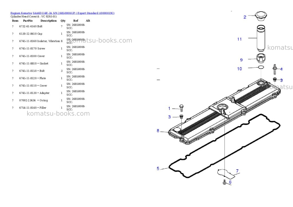 Komatsu saa6d114e-3a s/n 26850008-up export standard Parts catalog cover