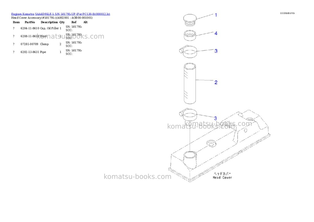 Komatsu SAA4D95LE-5 S/N 501795-UP (For PC130-8) Parts catalog cover Komatsu SAA4D95LE-5 S/N 501795-UP (For PC130-8) Parts catalog cover