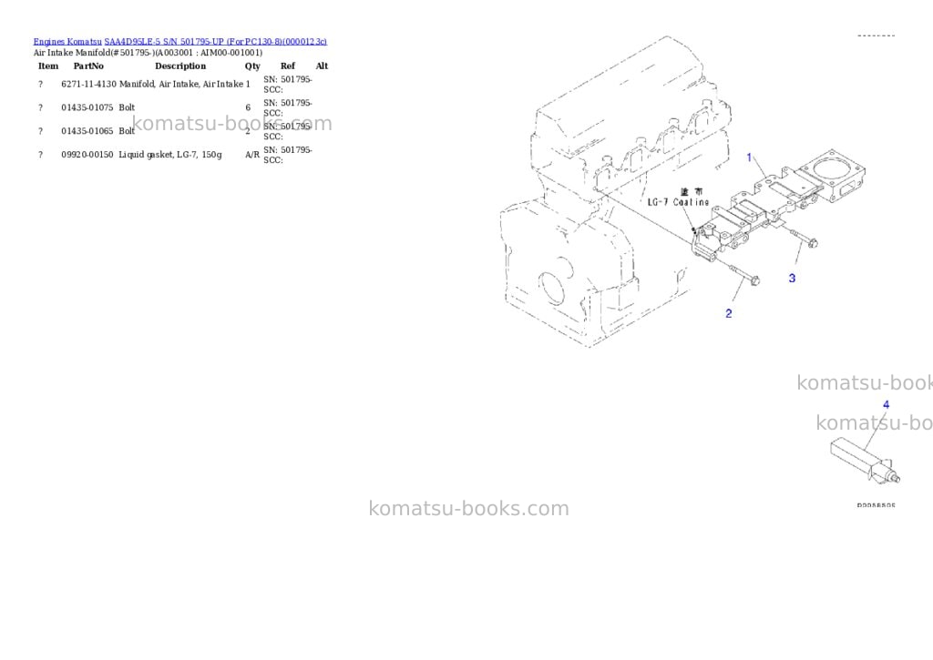 Komatsu SAA4D95LE-5 S/N 501795-UP (For PC130-8) Parts catalog cover Page 2 Komatsu SAA4D95LE-5 S/N 501795-UP (For PC130-8) Parts catalog cover Page 2