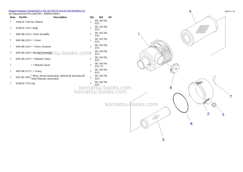 Komatsu SAA4D95LE-5 S/N 501795-UP (For PC130-8) Parts catalog cover Page 6 Komatsu SAA4D95LE-5 S/N 501795-UP (For PC130-8) Parts catalog cover Page 6
