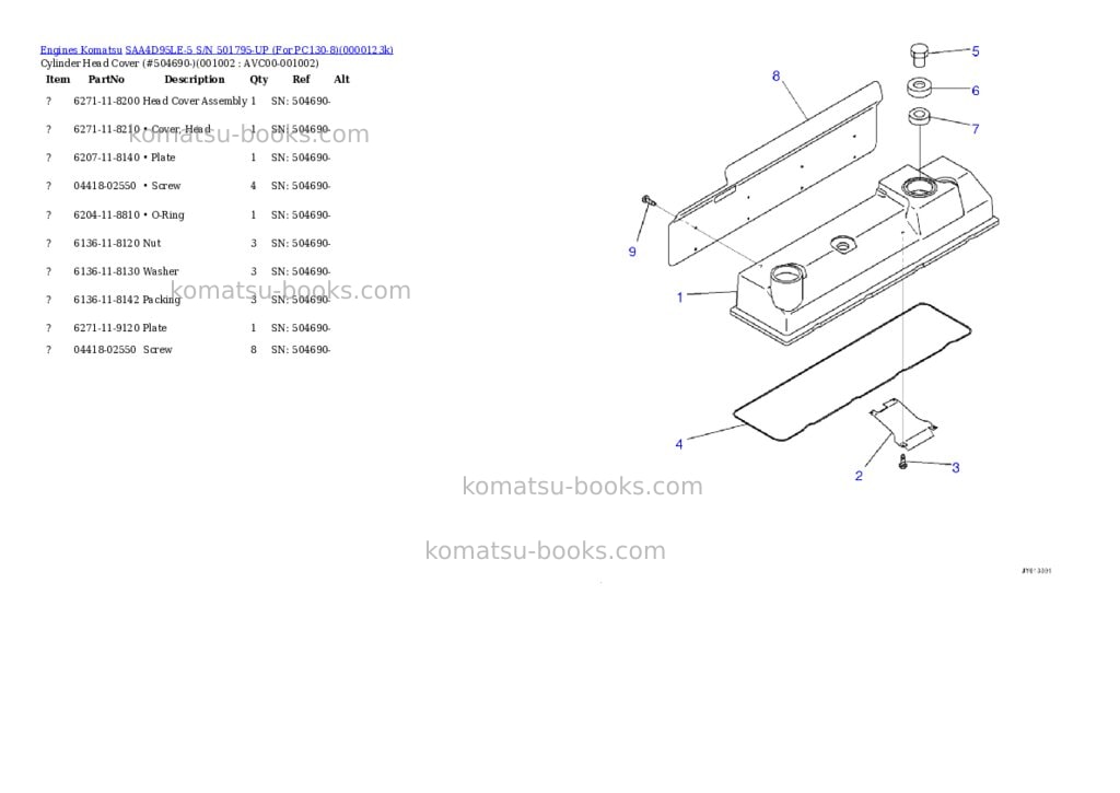 Komatsu SAA4D95LE-5 S/N 501795-UP (For PC130-8) Parts catalog cover Komatsu SAA4D95LE-5 S/N 501795-UP (For PC130-8) Parts catalog cover
