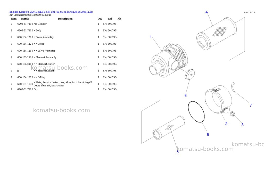 Komatsu SAA4D95LE-5 S/N 501795-UP (For PC130-8) Parts catalog cover Page 7 Komatsu SAA4D95LE-5 S/N 501795-UP (For PC130-8) Parts catalog cover Page 7