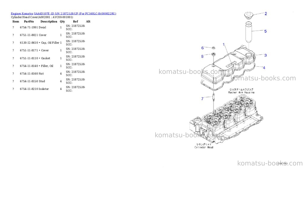Komatsu saa4d107e-1d s/n 21872538-up for pc160lc-8 Parts catalog cover