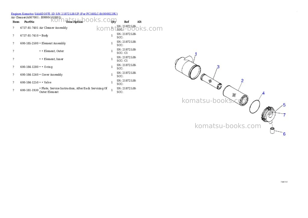 Komatsu saa4d107e-1d s/n 21872538-up for pc160lc-8 Parts catalog cover Page 6