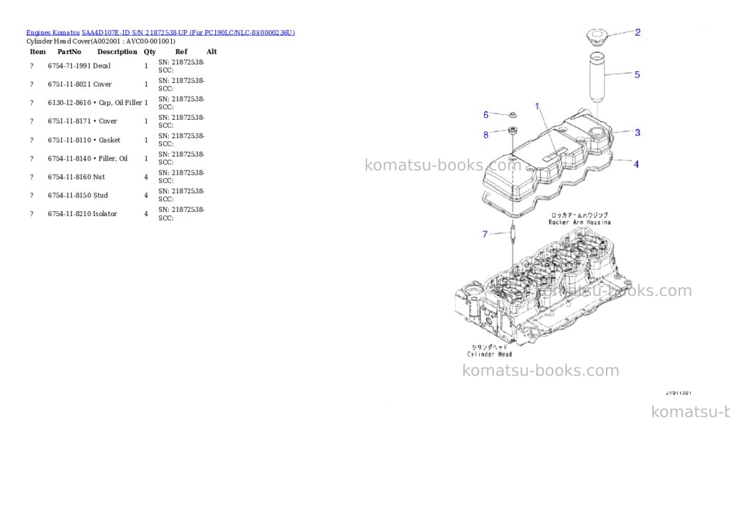 Komatsu saa4d107e-1d s/n 21872538-up for pc190lc/nlc-8 Parts catalog cover