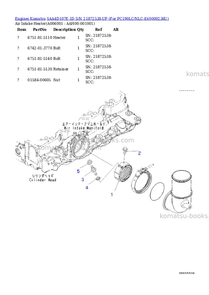 Komatsu saa4d107e-1d s/n 21872538-up for pc190lc/nlc-8 Parts catalog cover Page 5