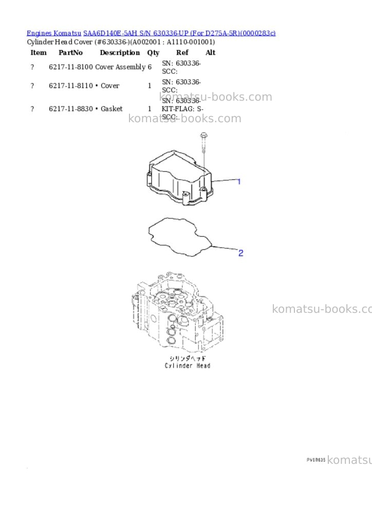 Komatsu saa6d140e-5ah s/n 630336-up for d275a-5r Parts catalog cover