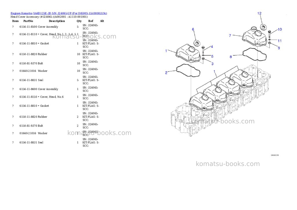 Komatsu sa6d125e-3d s/n 324065-up for d85ms-15 Parts catalog cover