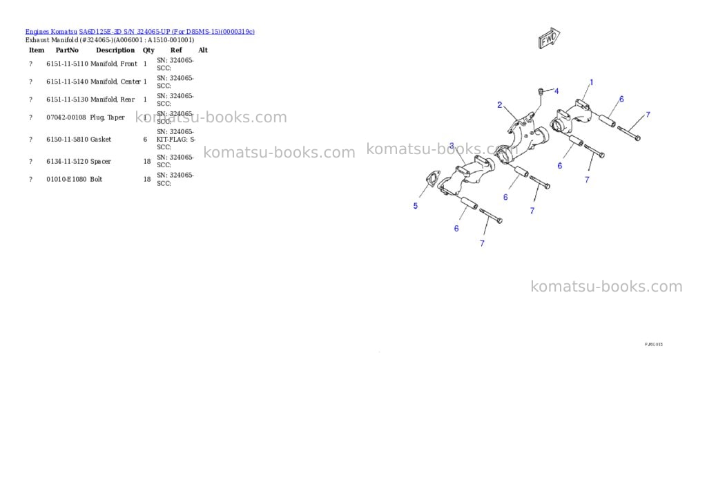 Komatsu sa6d125e-3d s/n 324065-up for d85ms-15 Parts catalog cover Page 6