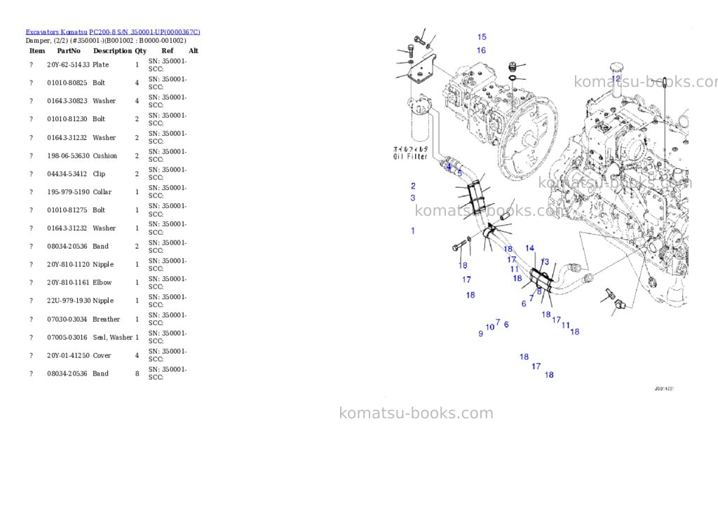 Komatsu pc200-8 s/n 350001-up Parts catalog cover Komatsu pc200-8 s/n 350001-up Parts catalog cover