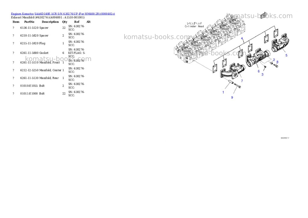 Komatsu saa6d140e-5cr s/n 630276-up for hm400-2r Parts catalog cover Page 5 Komatsu saa6d140e-5cr s/n 630276-up for hm400-2r Parts catalog cover Page 5