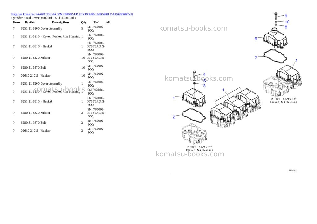 Komatsu saa6d125e-6a s/n 760002-up for pc490-10/pc490lc-10 Parts catalog cover