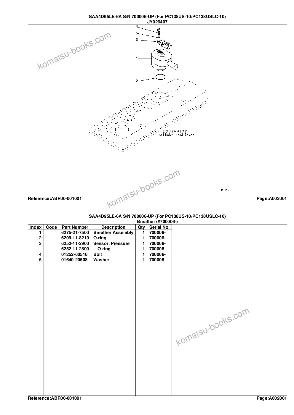 Komatsu saa4d95le-6a s/n 700006-up for pc138us-10/pc138uslc-10 Parts catalog cover Page 6