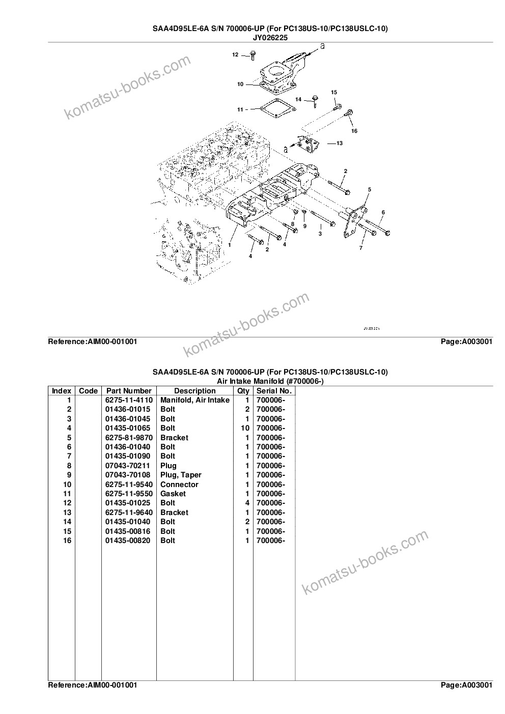 Komatsu saa4d95le-6a s/n 700006-up for pc138us-10/pc138uslc-10 Parts catalog cover Page 8