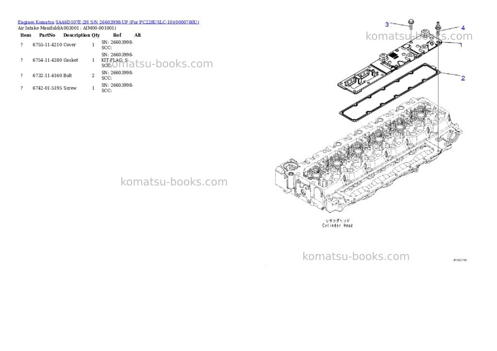 Komatsu saa6d107e-2h s/n 26603998-up for pc228uslc-10 Parts catalog cover Page 2