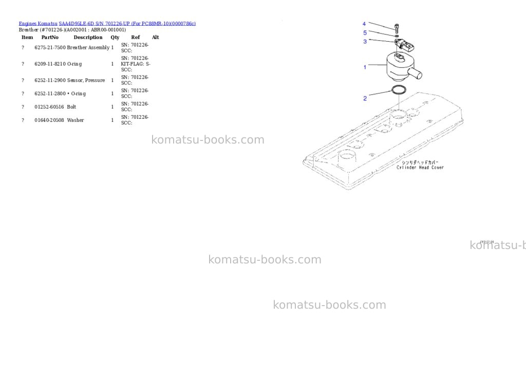 Komatsu saa4d95le-6d s/n 701226-up for pc88mr-10 Parts catalog cover Komatsu saa4d95le-6d s/n 701226-up for pc88mr-10 Parts catalog cover