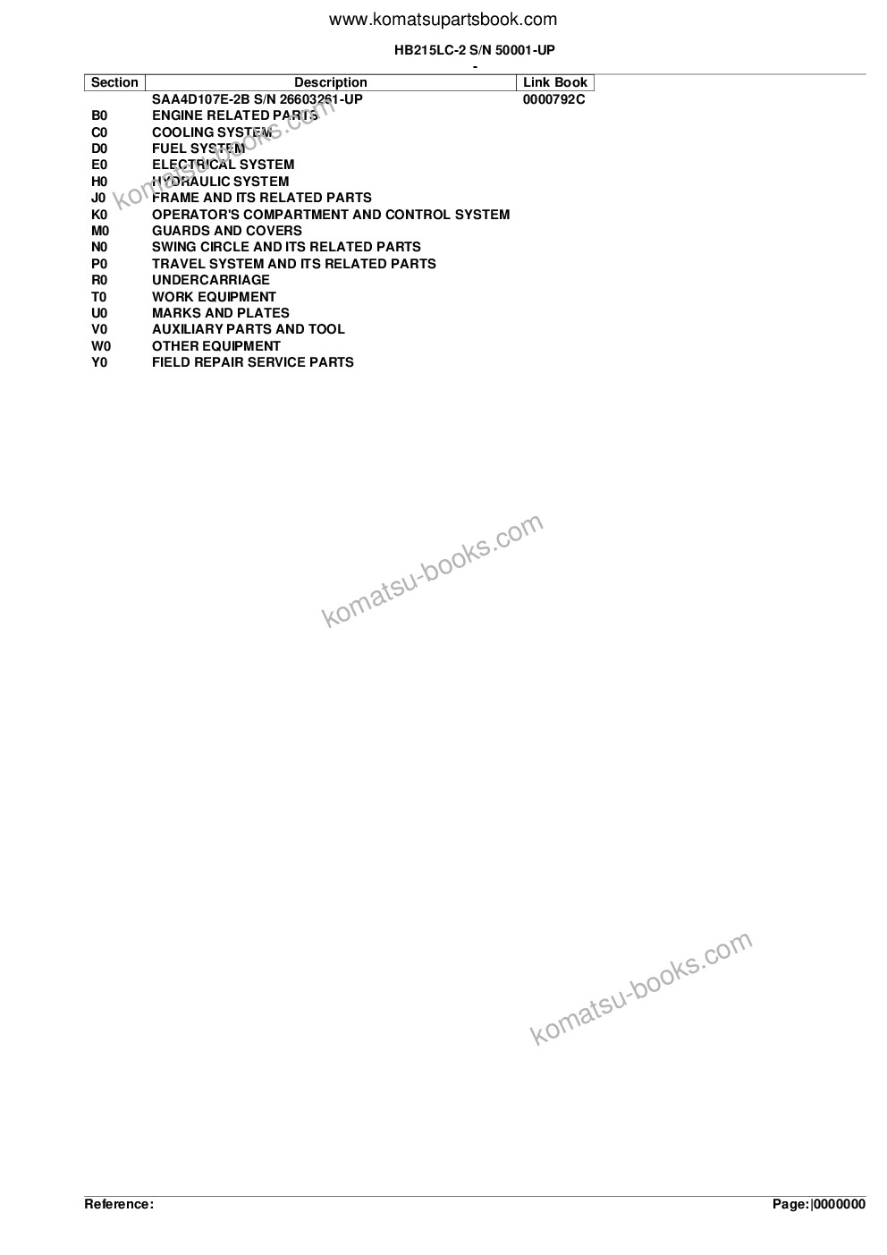 Komatsu HB215LC-2 S/N 50001-UP Parts catalog cover