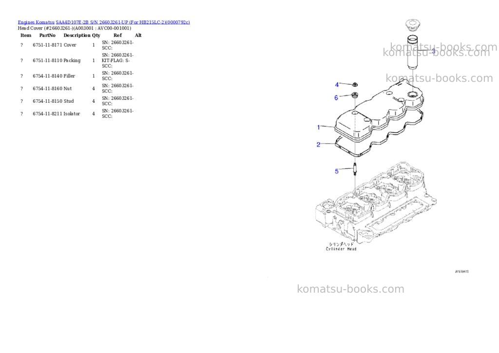Komatsu SAA4D107E-2B S/N 26603261-UP (For HB215LC-2) Parts catalog cover Page 2 Komatsu SAA4D107E-2B S/N 26603261-UP (For HB215LC-2) Parts catalog cover Page 2