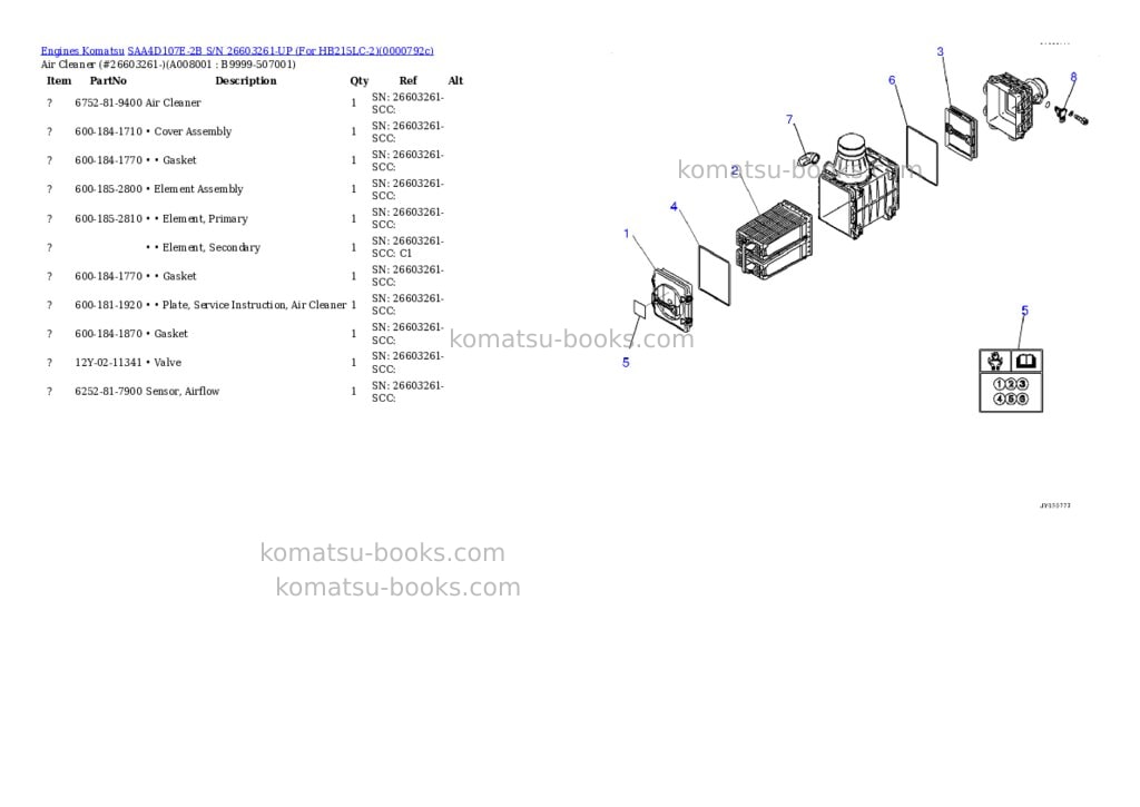 Komatsu SAA4D107E-2B S/N 26603261-UP (For HB215LC-2) Parts catalog cover Page 7 Komatsu SAA4D107E-2B S/N 26603261-UP (For HB215LC-2) Parts catalog cover Page 7