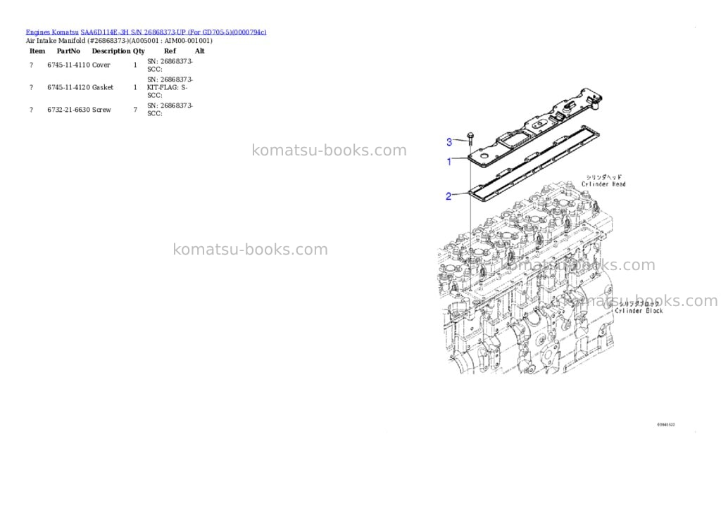 Komatsu saa6d114e-3h s/n 26868373-up for gd705-5 Parts catalog cover Page 4