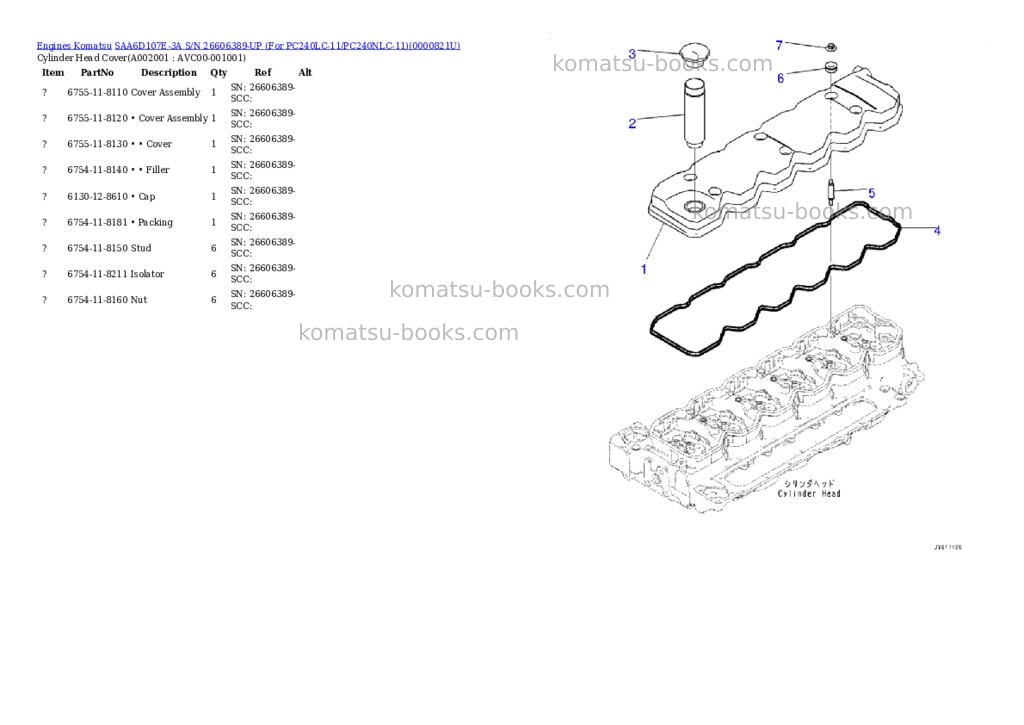 Komatsu saa6d107e-3a s/n 26606389-up for pc240lc-11/pc240nlc-11 Parts catalog cover