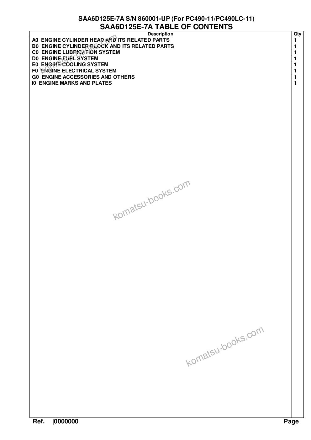 Komatsu saa6d125e-7a s/n 860001-up for pc490-11/pc490lc-11 Parts catalog cover