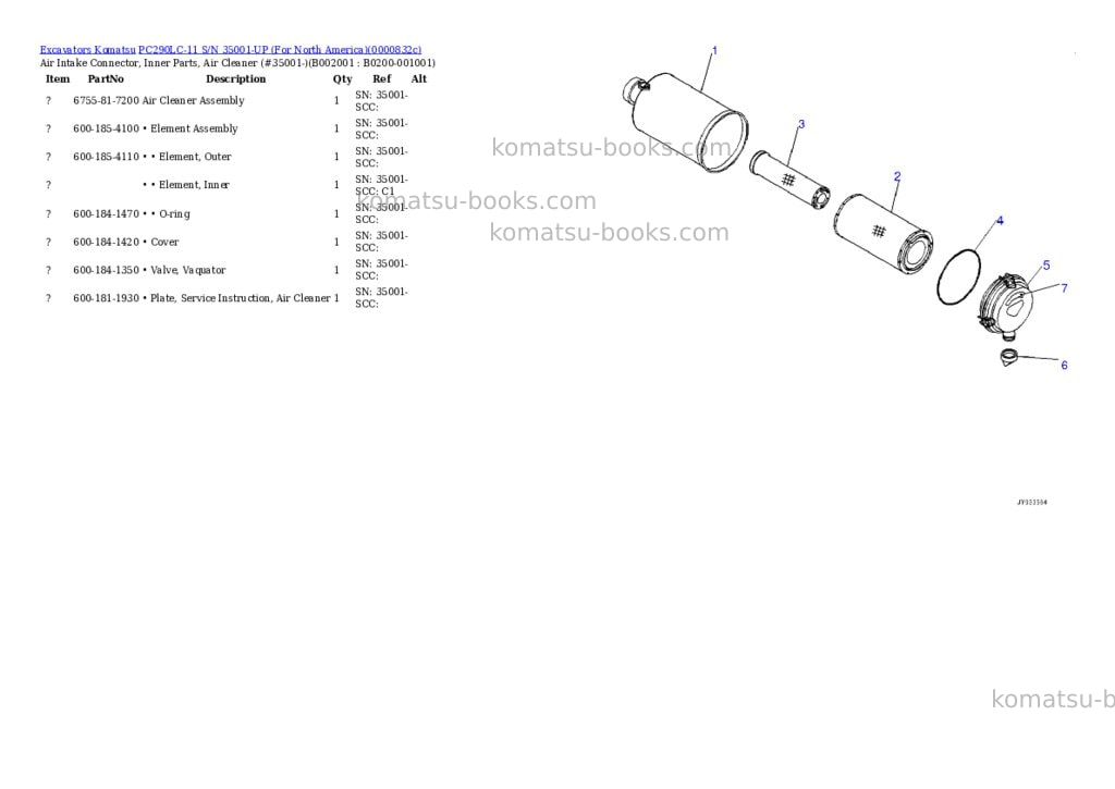 Komatsu PC290LC-11 S/N 35001-UP (For North America) Parts catalog cover Komatsu PC290LC-11 S/N 35001-UP (For North America) Parts catalog cover