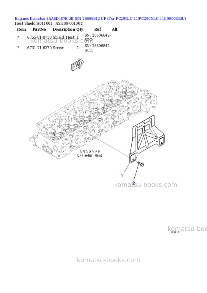 Komatsu saa6d107e-3b s/n 26606842-up for pc290lc-11/pc290nlc-11 Parts catalog cover Page 10