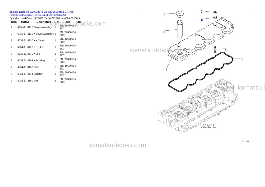 Komatsu SAA6D107E-2E S/N 26600164-UP (For PC210I-10/PC210LC-10/PC210LCI-10) Parts catalog cover