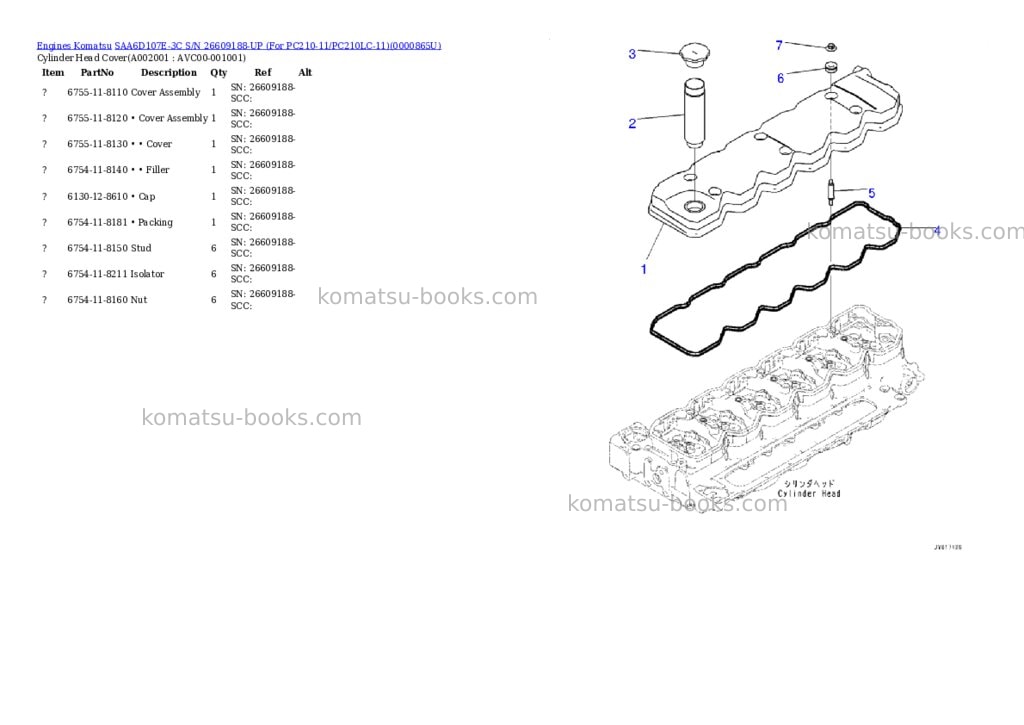 Komatsu saa6d107e-3c s/n 26609188-up for pc210-11/pc210lc-11 Parts catalog cover