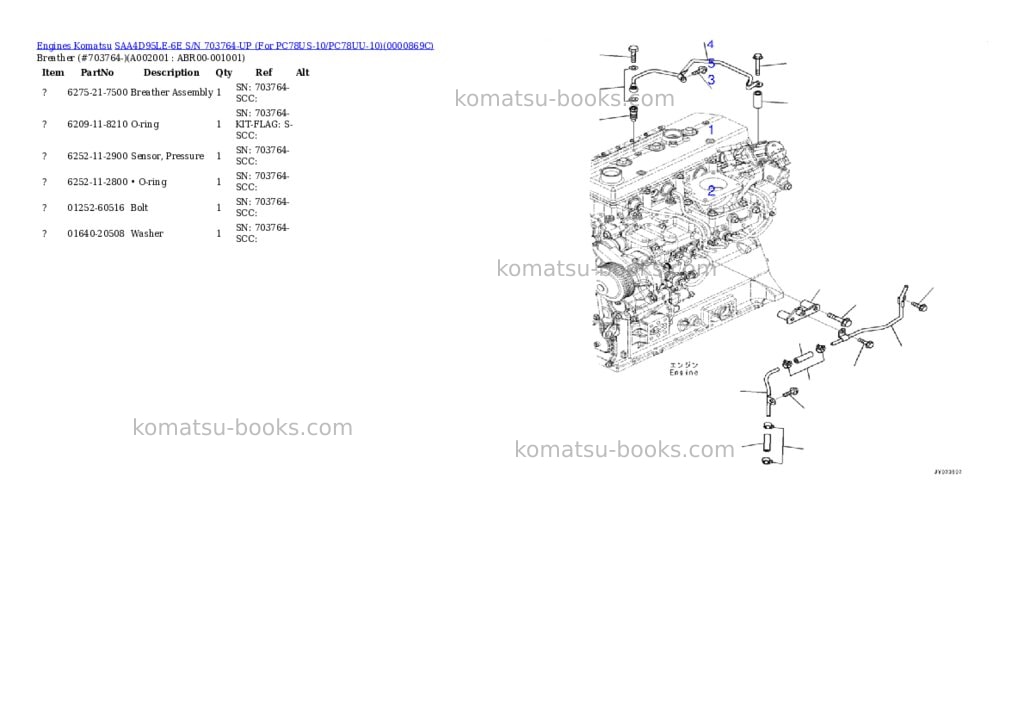 Komatsu saa4d95le-6e s/n 703764-up for pc78us-10/pc78uu-10 Parts catalog cover
