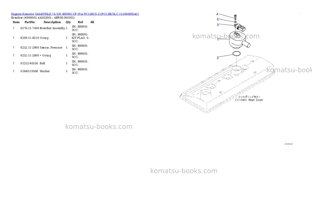 Komatsu saa4d95le-7a s/n 800001-up for pc138us-11/pc138uslc-11 Parts catalog cover Page 2