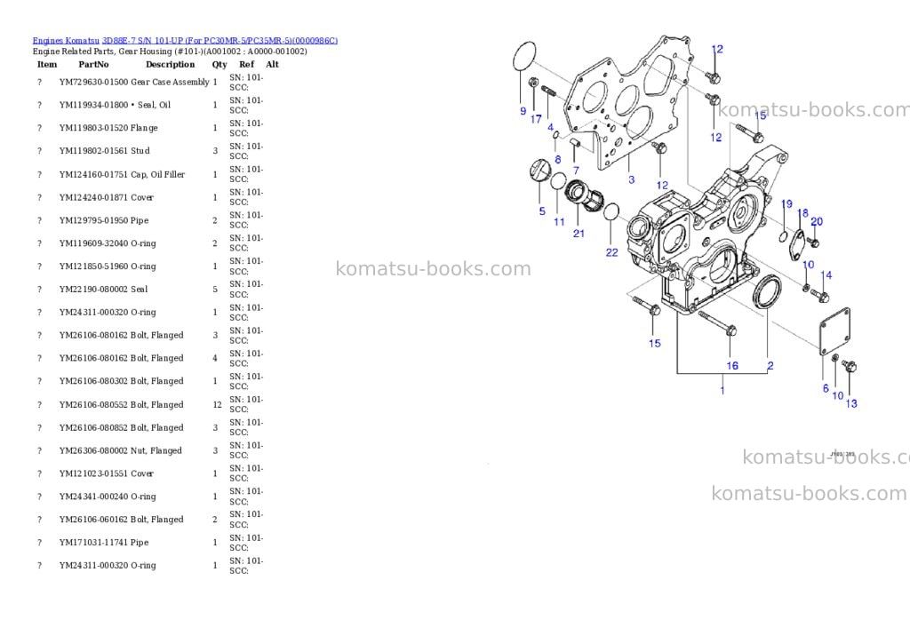 Komatsu 3d88e-7 s/n 101-up for pc30mr-5/pc35mr-5 Parts catalog cover