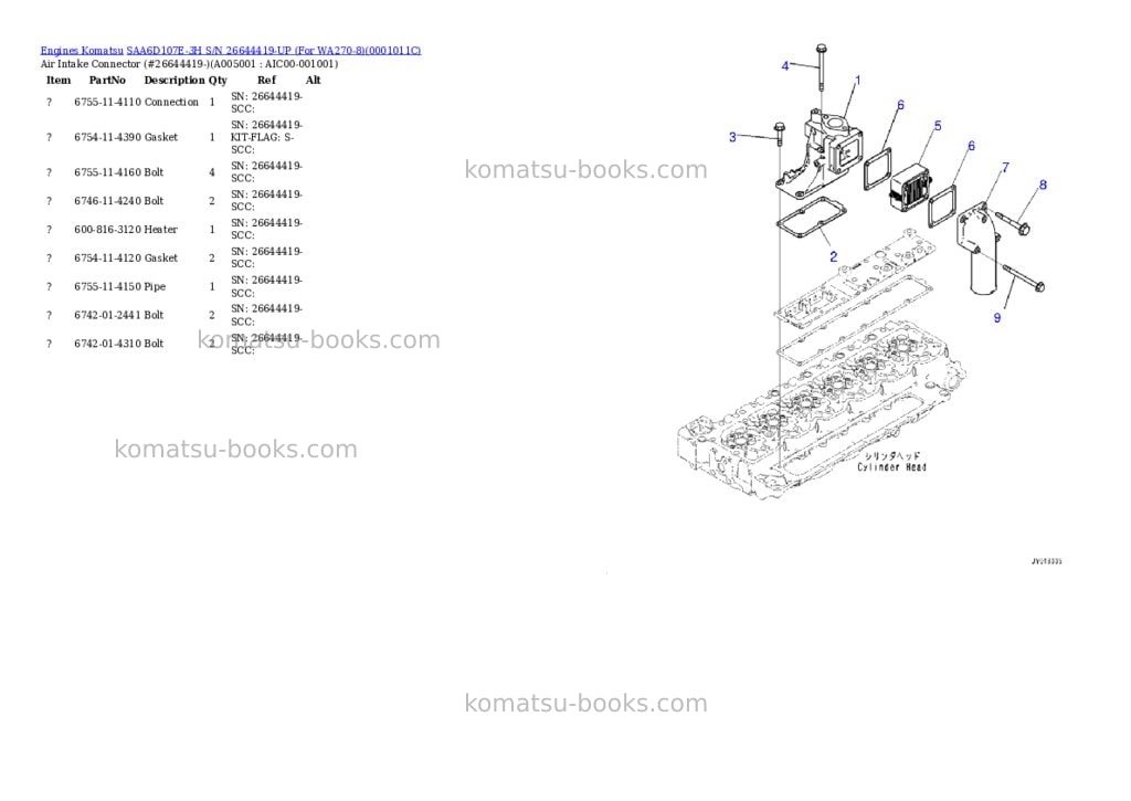 Komatsu saa6d107e-3h s/n 26644419-up for wa270-8 Parts catalog cover Page 4