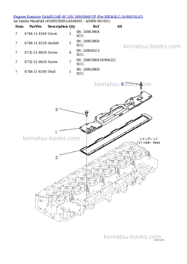 Komatsu SAA6D114E-6C S/N 26903969-UP (For HB365LC-3) Parts catalog cover Page 3