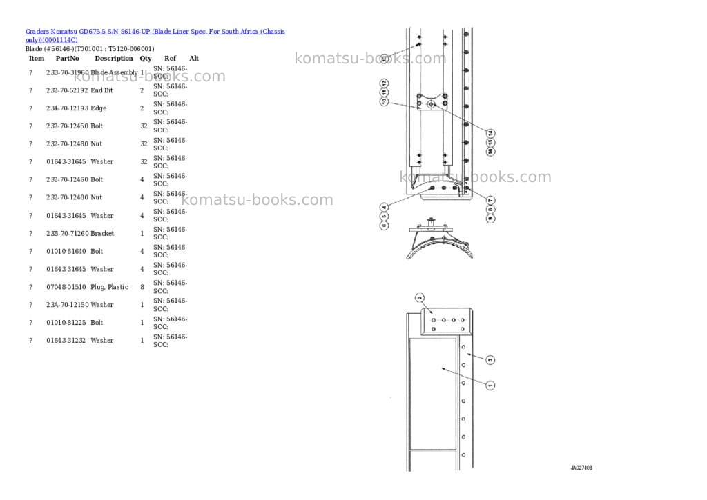 Komatsu gd675-5 s/n 56146-up blade liner spec. for south africa chassis only Parts catalog cover Komatsu gd675-5 s/n 56146-up blade liner spec. for south africa chassis only Parts catalog cover