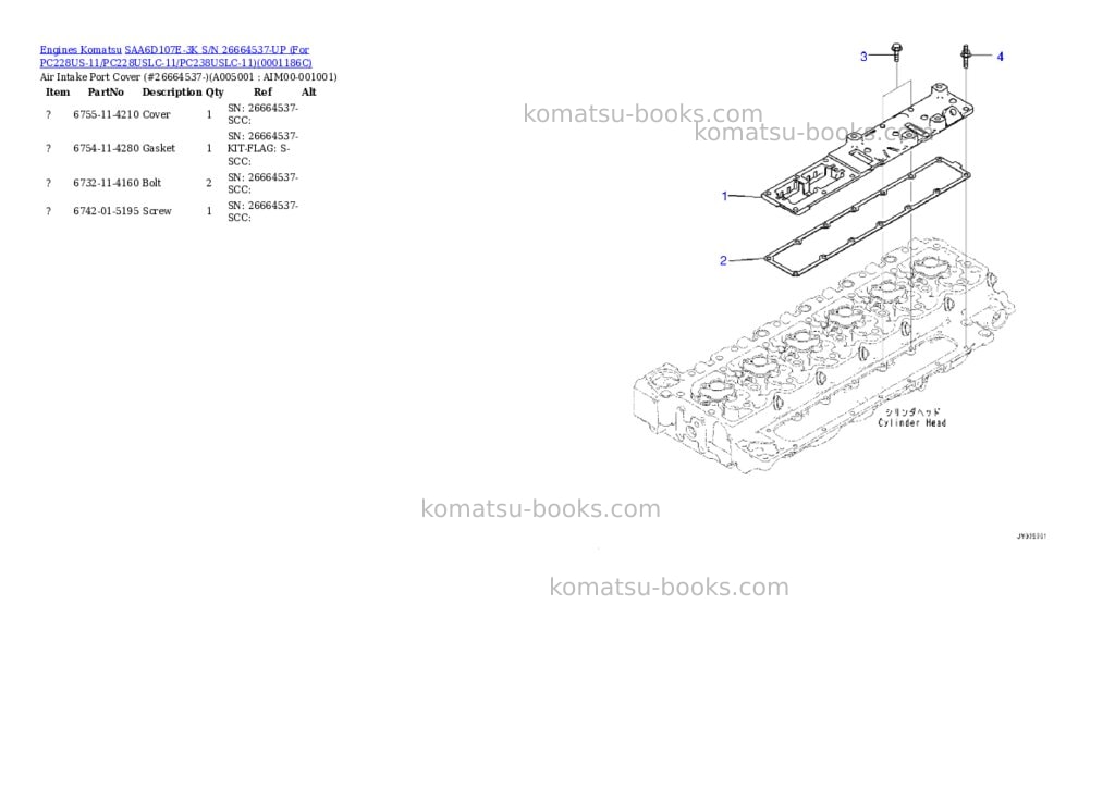 Komatsu saa6d107e-3k s/n 26664537-up for pc228us-11/pc228uslc-11/pc238uslc-11 Parts catalog cover Page 4