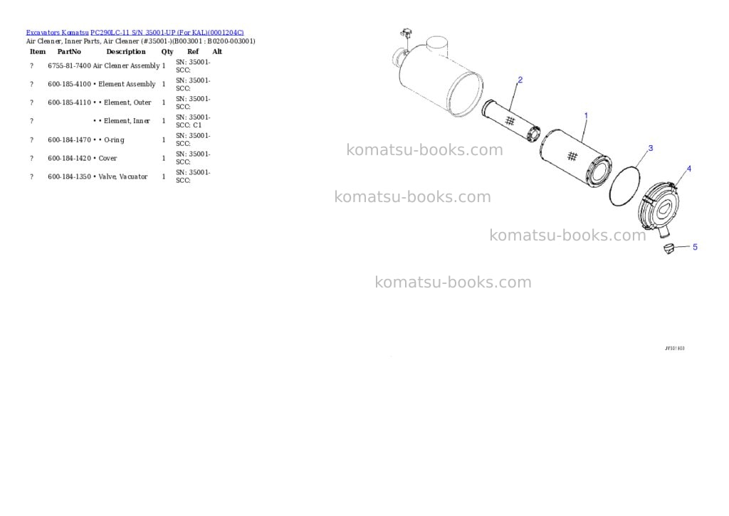 Komatsu PC290LC-11 S/N 35001-UP (For KAL) Parts catalog cover Page 5 Komatsu PC290LC-11 S/N 35001-UP (For KAL) Parts catalog cover Page 5