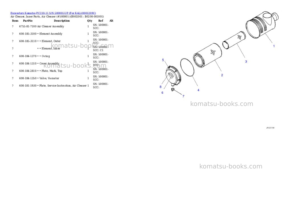 Komatsu PC210-11 S/N 500001-UP (For KAL) Parts catalog cover Page 2 Komatsu PC210-11 S/N 500001-UP (For KAL) Parts catalog cover Page 2