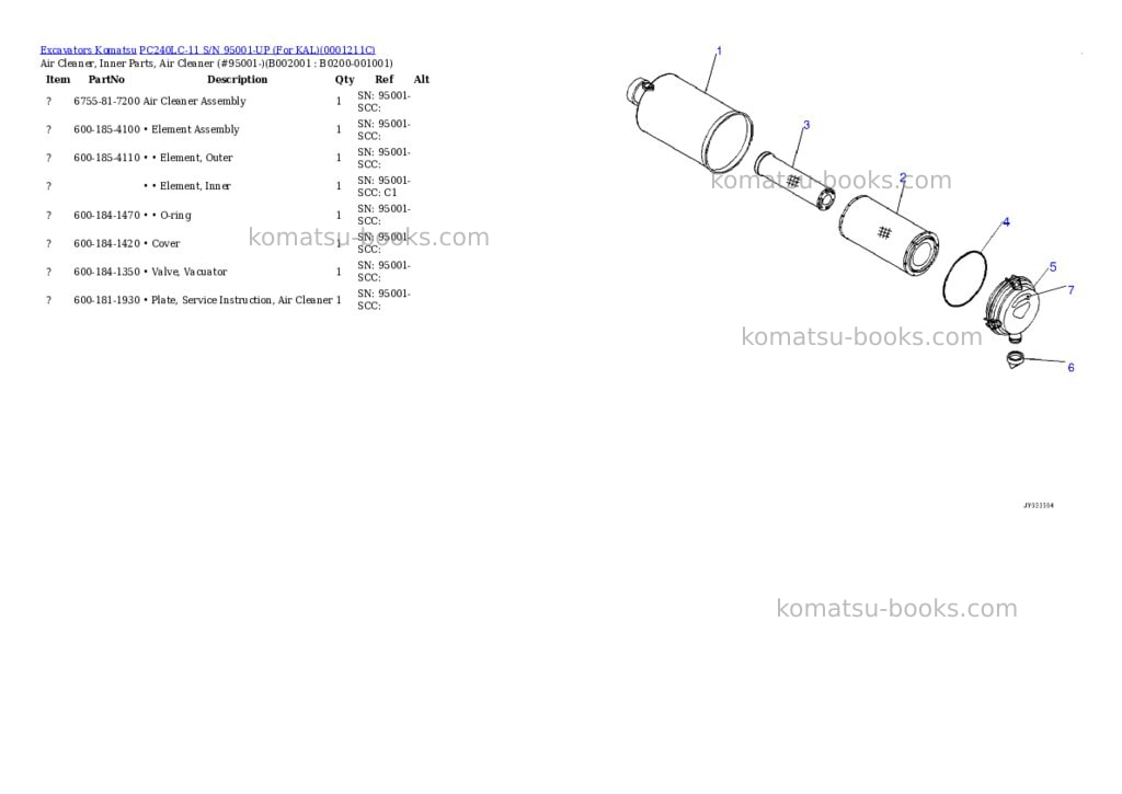 Komatsu PC240LC-11 S/N 95001-UP (For KAL) Parts catalog cover