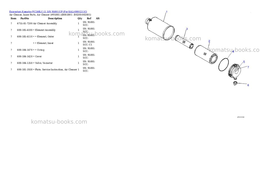 Komatsu PC240LC-11 S/N 95001-UP (For KAL) Parts catalog cover Page 7