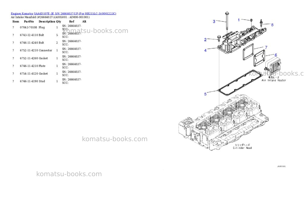 Komatsu SAA4D107E-3E S/N 26664037-UP (For HB215LC-3) Parts catalog cover Page 4