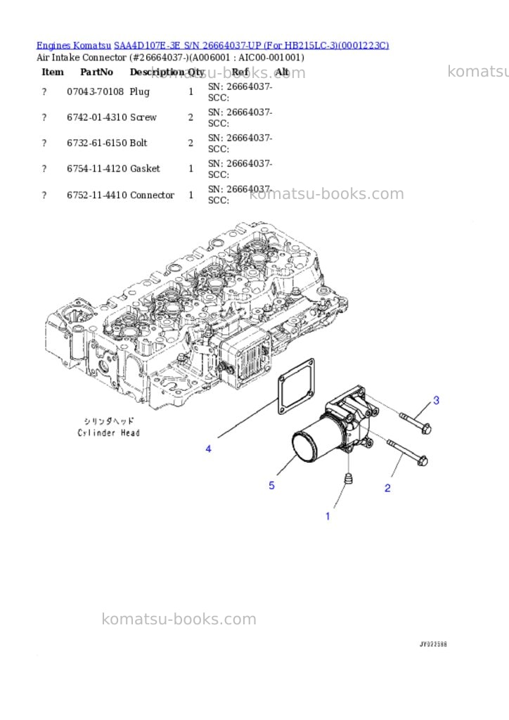 Komatsu SAA4D107E-3E S/N 26664037-UP (For HB215LC-3) Parts catalog cover Page 5