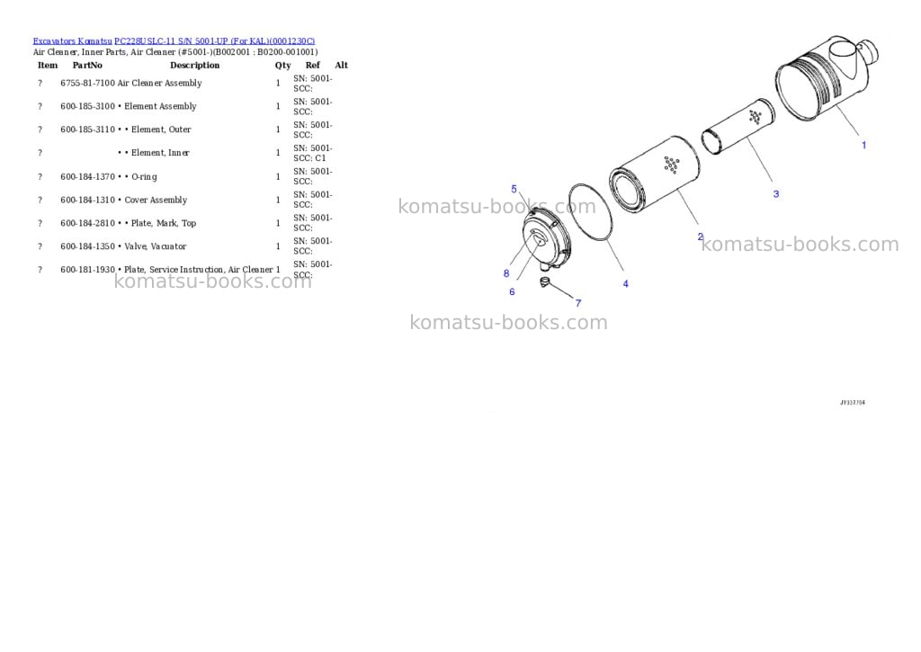 Komatsu pc228uslc-11 s/n 5001-up for kal Parts catalog cover