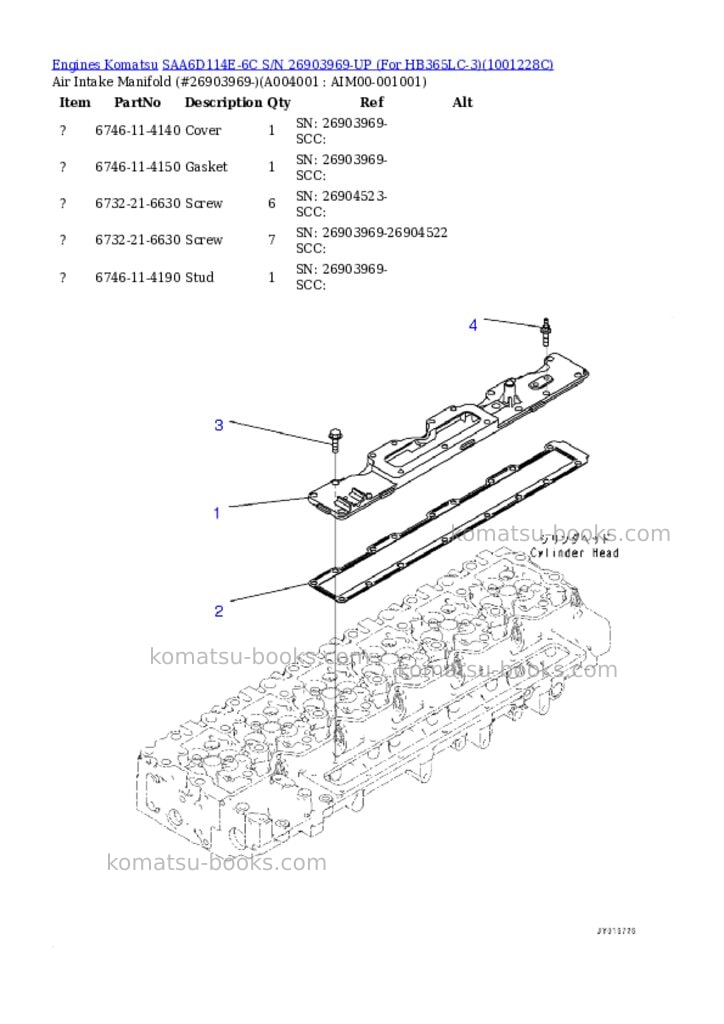 Komatsu SAA6D114E-6C S/N 26903969-UP (For HB365LC-3) Parts catalog cover Page 3
