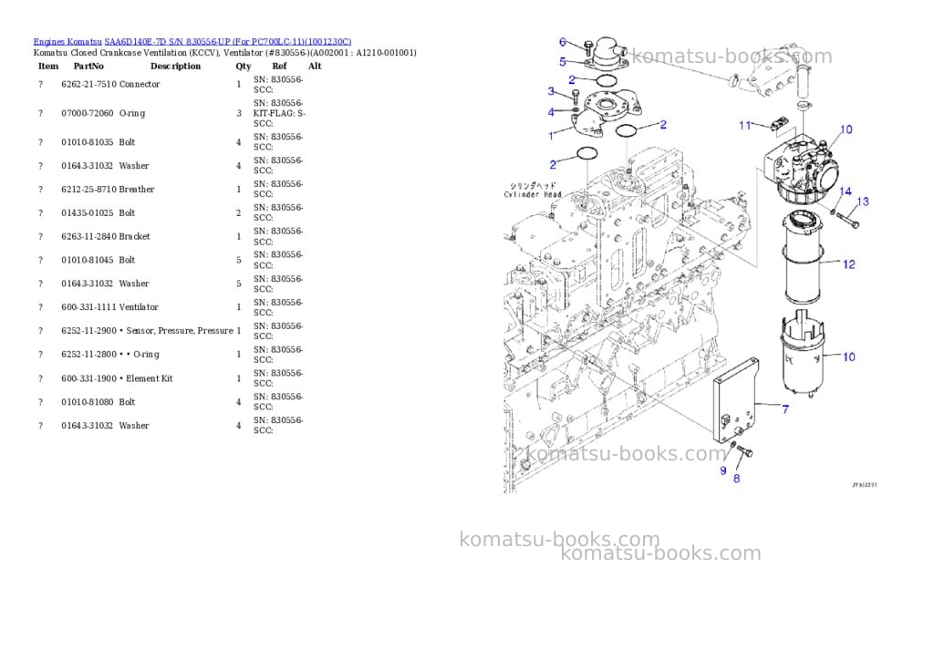 Komatsu saa6d140e-7d s/n 830556-up for pc700lc-11 Parts catalog cover Komatsu saa6d140e-7d s/n 830556-up for pc700lc-11 Parts catalog cover