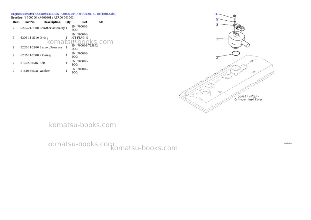 Komatsu saa4d95le-6 s/n 700006-up for pc128usi-10 Parts catalog cover Page 3
