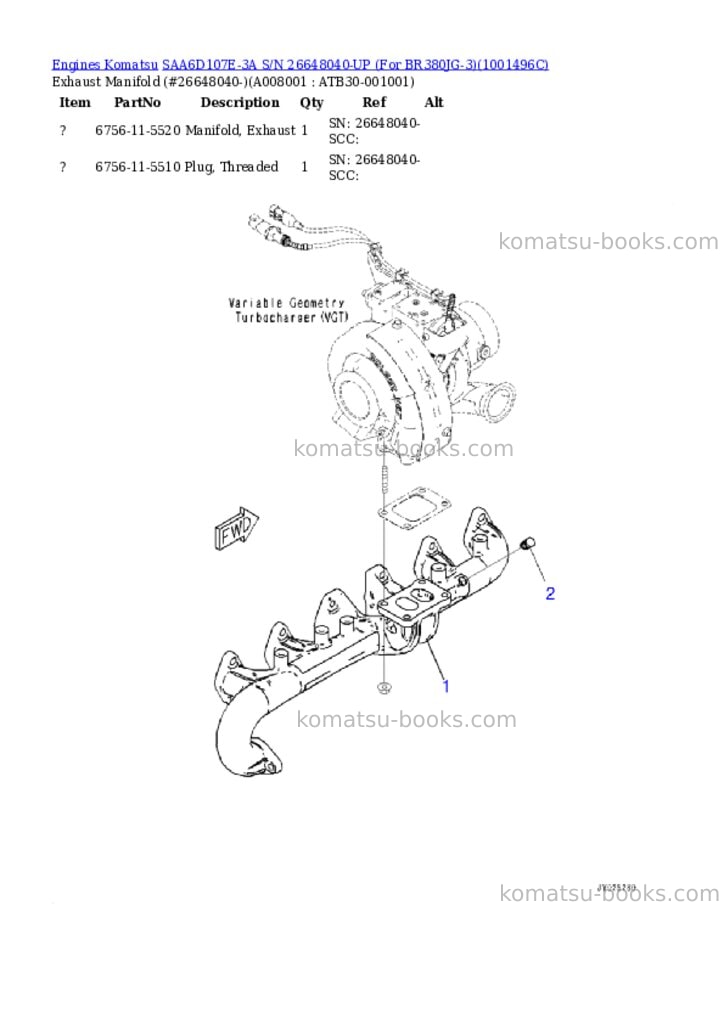 Komatsu SAA6D107E-3A S/N 26648040-UP (For BR380JG-3) Parts catalog cover Page 7