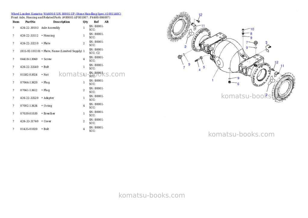 Komatsu WA600-8 S/N 80001-UP (Stone Handling Spec.) Parts catalog cover Page 6 Komatsu WA600-8 S/N 80001-UP (Stone Handling Spec.) Parts catalog cover Page 6